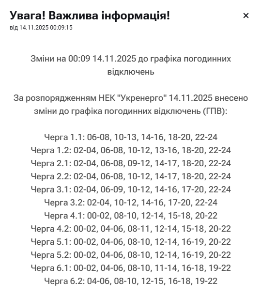 Графіки відключень на 14 листопада: де і коли не буде світла (список)